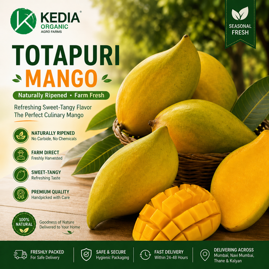 Kedia Organic Totapuri Mango advertisement with mangoes and promotional text.