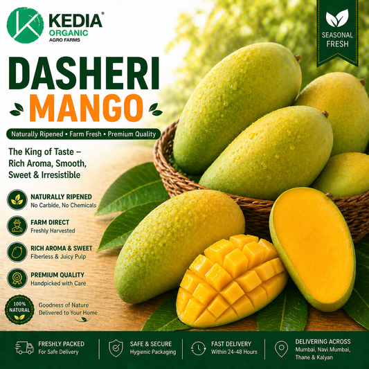 Kedia Organic Dasherri Mango advertisement with fresh mangoes on a wooden board.