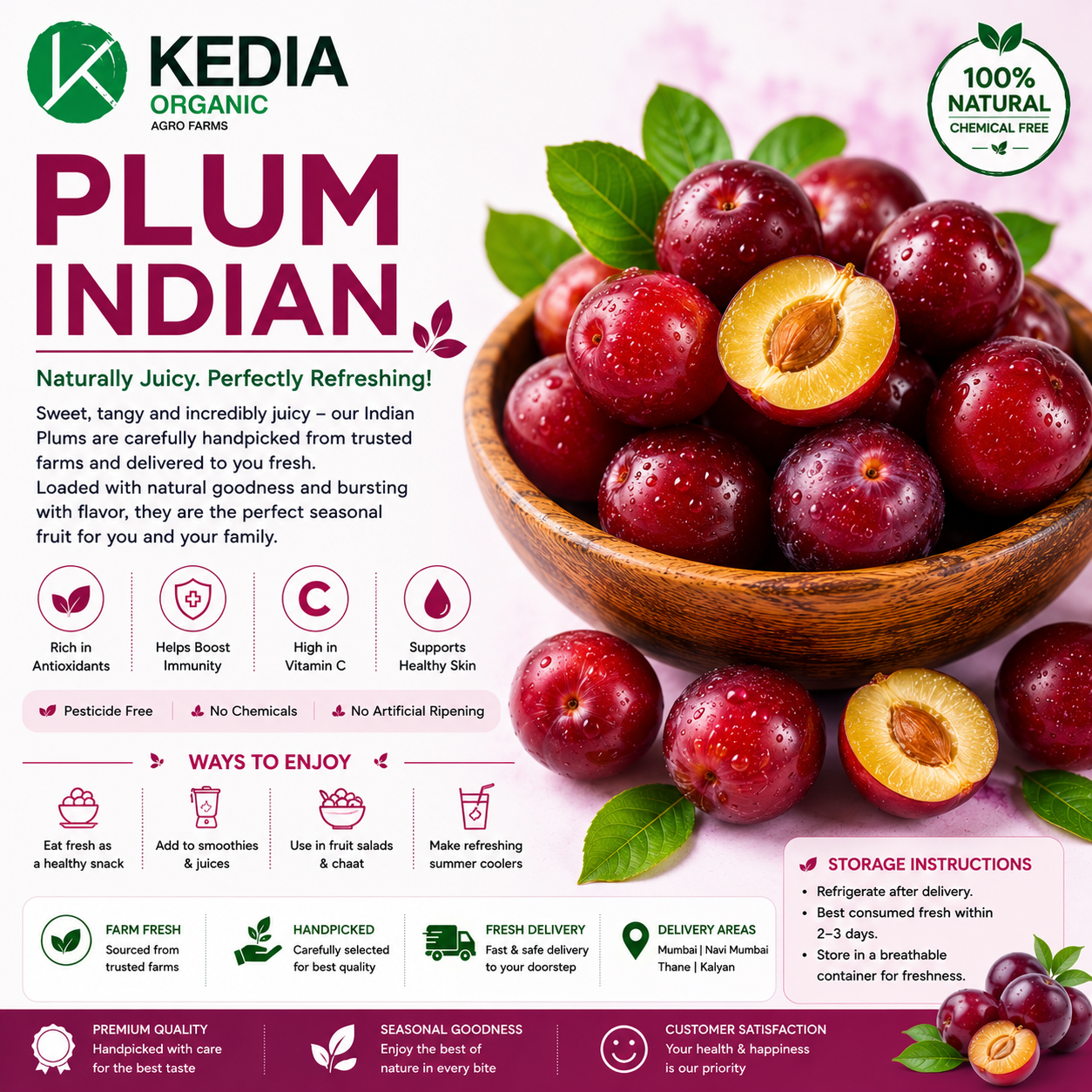 Kedia Organic Indian Plum advertisement with a bowl of plums and product details.