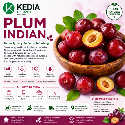Kedia Organic Indian Plum advertisement with a bowl of plums and product details.